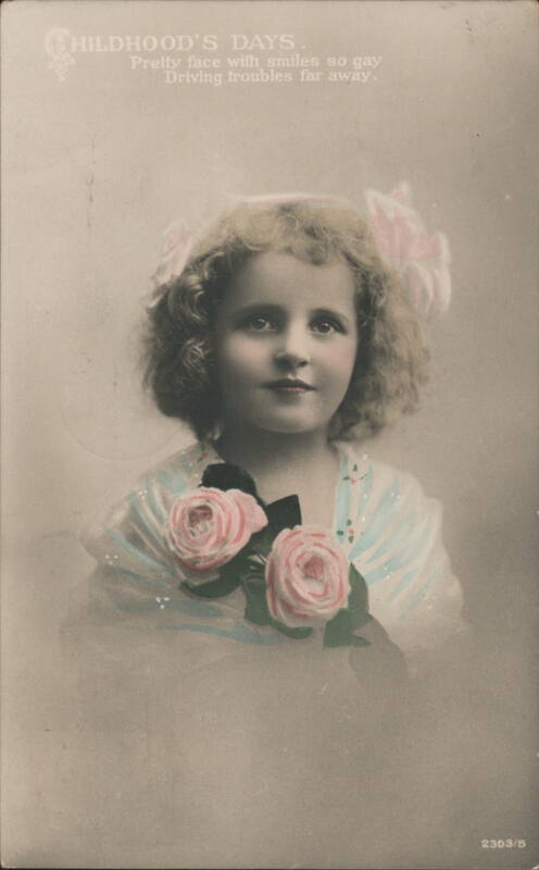 Childhood's Days Girl with Pink Roses and Hair Bows