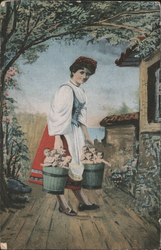 Woman Carrying Buckets of Babies in Traditional Dress