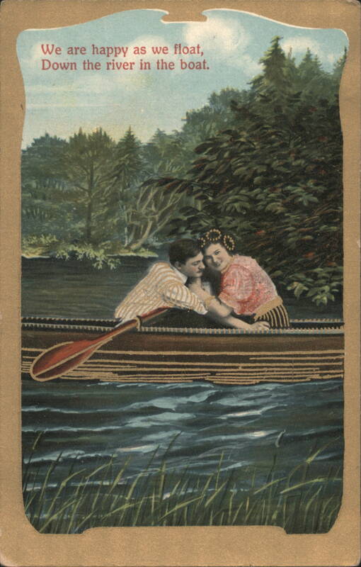 Couple in Rowboat with Poem We are happy as we float