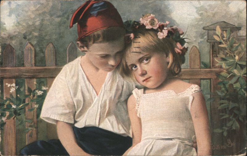 German Peasant Children, Boy in Red Cap & Girl with Flowers