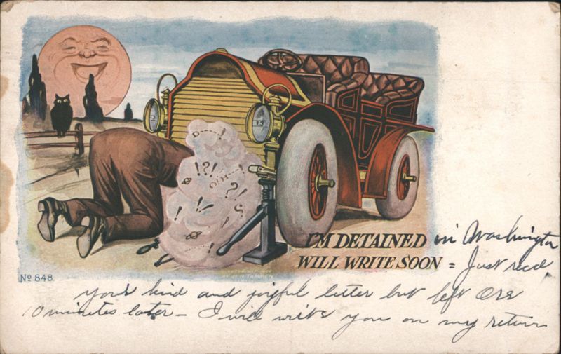 I'm Detained: Man Under Car with Smiling Moon and Cat