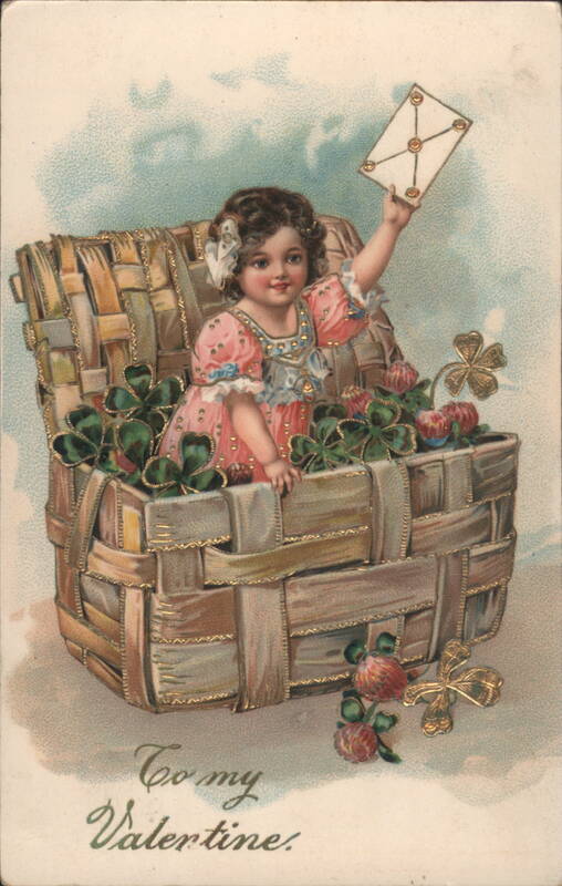 Girl in Clover Basket Holding Valentine Letter Children