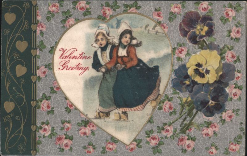 Dutch Children Ice Skating in Heart Valentine Greeting