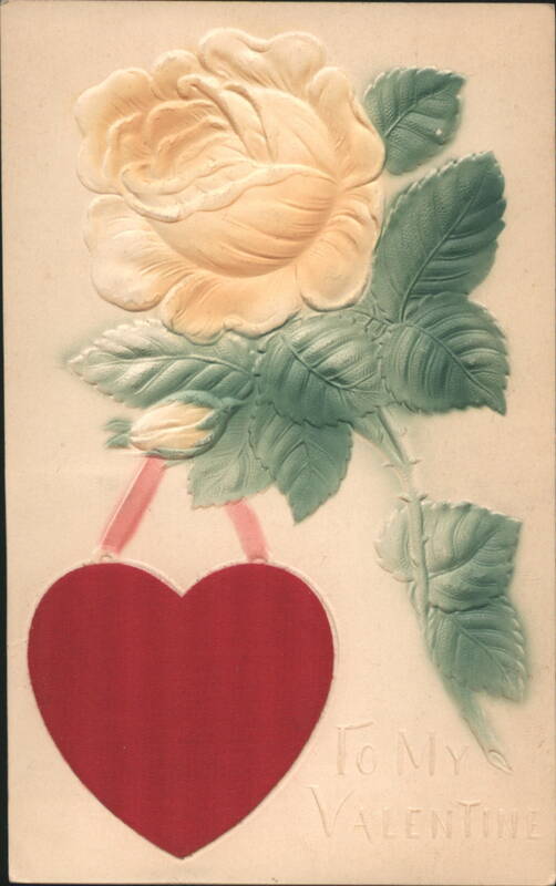 Embossed Cream Rose with Hanging Red Heart Valentine