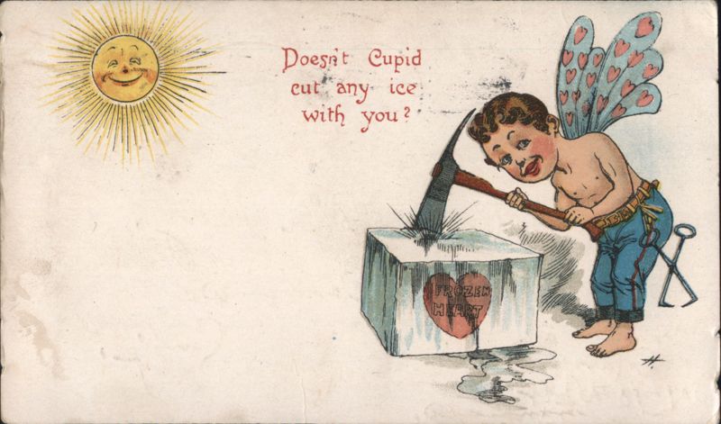 Cupid Cutting Ice Block with Frozen Heart Comic Illustration