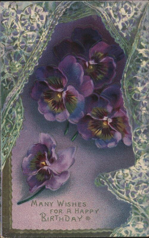 Purple Pansies and Lace Border Birthday Greeting