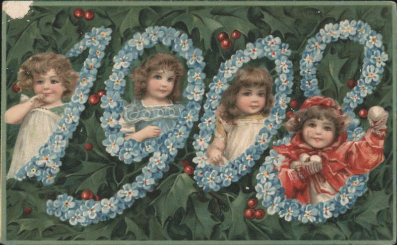 1908 New Year Greeting with Children and Forget-Me-Nots