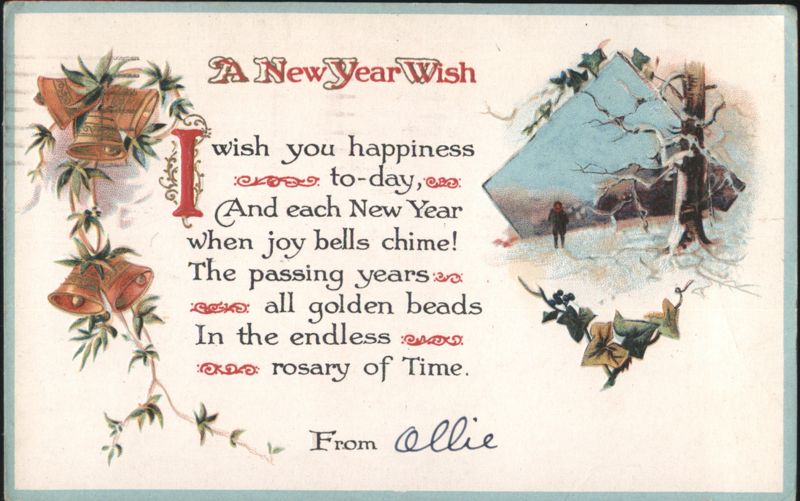 A New Year Wish with Golden Bells and Winter Landscape