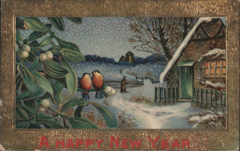 A Happy New Year, Bullfinches on Mistletoe Winter Scene