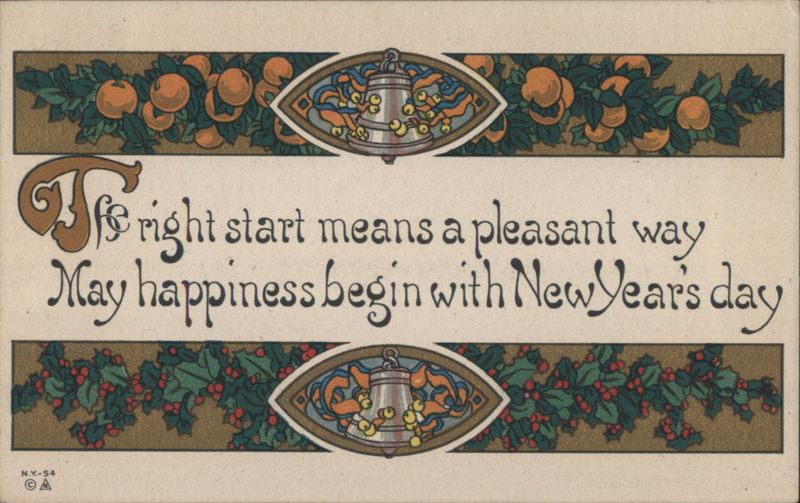 New Year's Greeting with Bells, Oranges and Holly