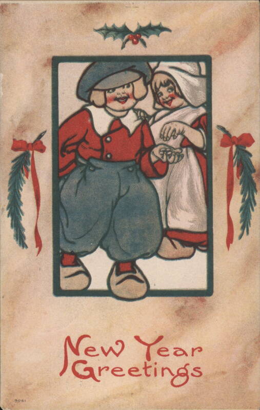 Dutch Children New Year Greetings with Holly and Pine
