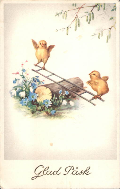 Two Chicks on a Ladder with Spring Flowers, Glad Påsk