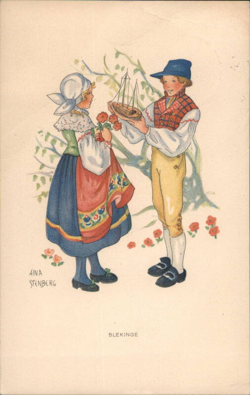Boy and Girl in Blekinge Traditional Folk Costumes Sweden