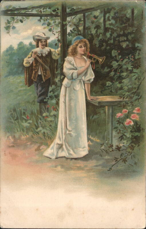 Woman Blowing Horn with Man Watching in Garden Romance & Love