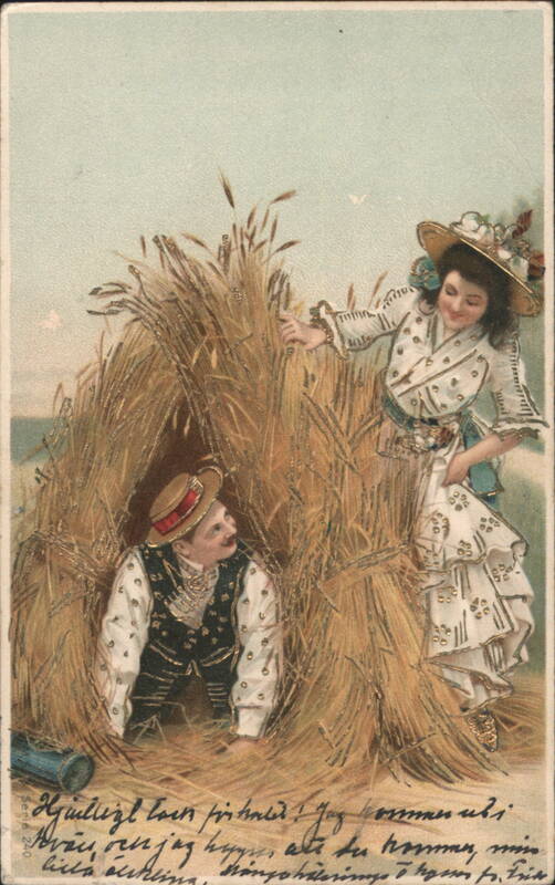 Man Peeking from Haystack at Woman in Traditional Dress Sweden