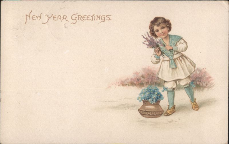 New Year Greetings Child with Lavender and Forget-Me-Nots