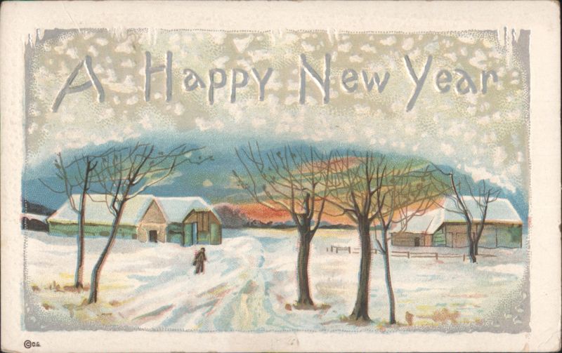 A Happy New Year Winter Landscape with Snow-Covered Barns