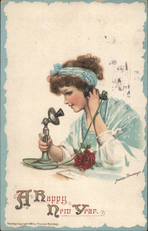 Woman on Candlestick Telephone, Happy New Year Greeting