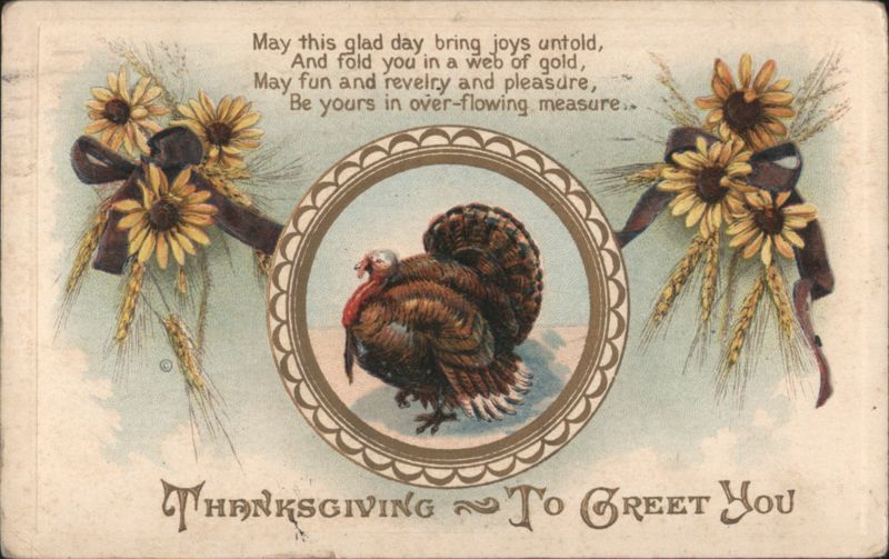Thanksgiving Greeting with Turkey, Sunflowers and Wheat