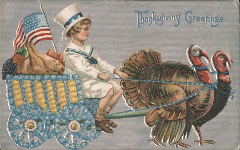 Patriotic Thanksgiving Child in Sailor Suit Driving Turkeys