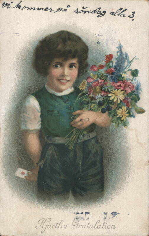 Boy in Green Vest with Flower Bouquet and Hidden Letter