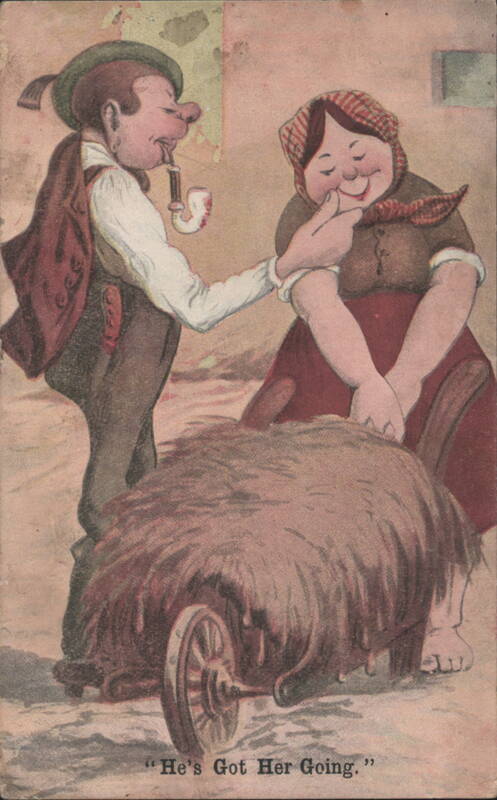 He's Got Her Going Comic Man and Woman with Wheelbarrow