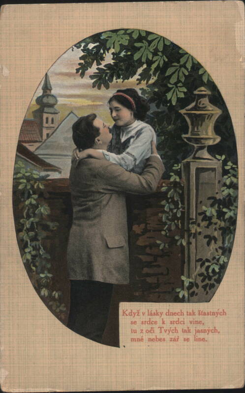 Man Lifting Woman Over Wall with Czech Love Poem Couples