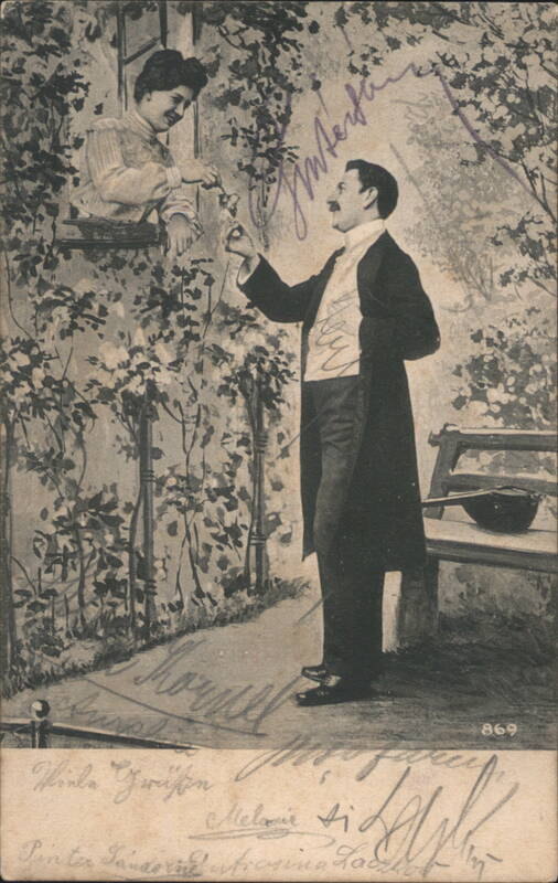 Man in Formal Attire Receiving Flower from Woman in Window