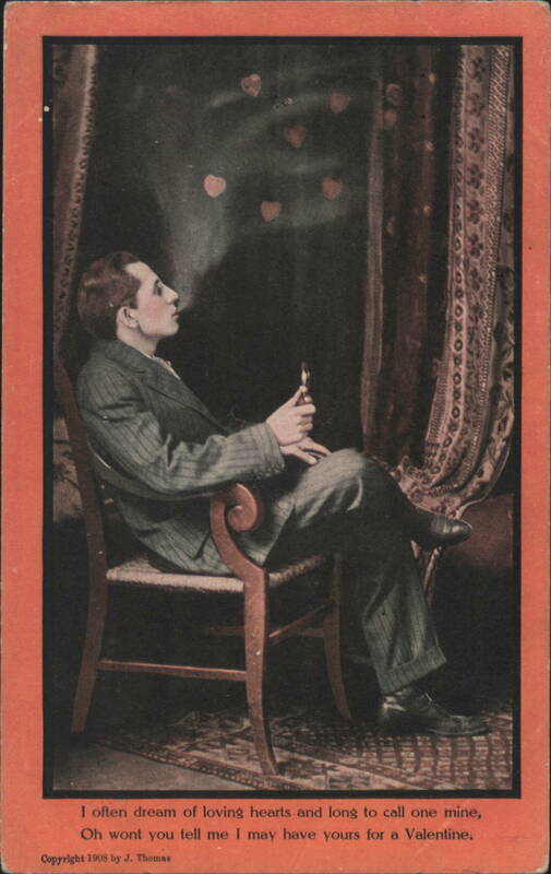 Man Smoking Pipe with Heart-Shaped Smoke Valentine