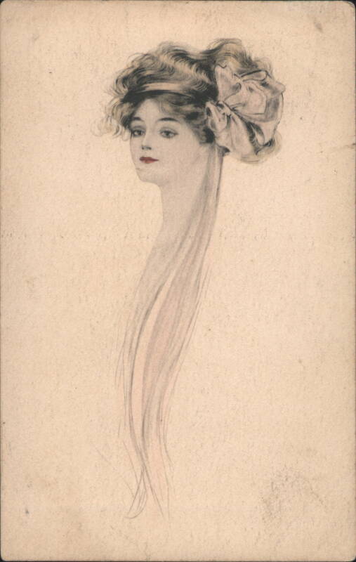Art Nouveau Style Woman with Large Hair Bow Women