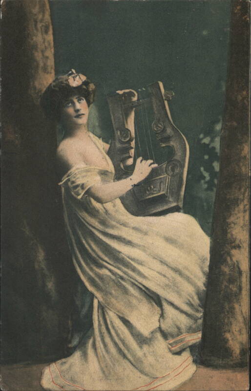 Woman in Classical White Dress Playing Lyre Women