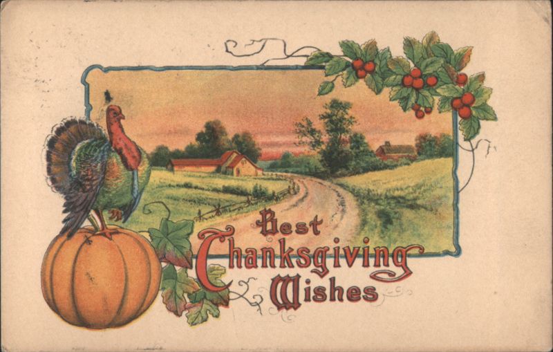 Best Thanksgiving Wishes Turkey on Pumpkin Rural Farm Scene