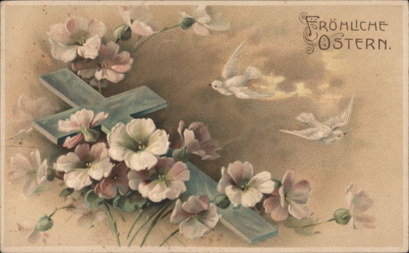 Fröhliche Ostern Cross, Pink Flowers and White Doves