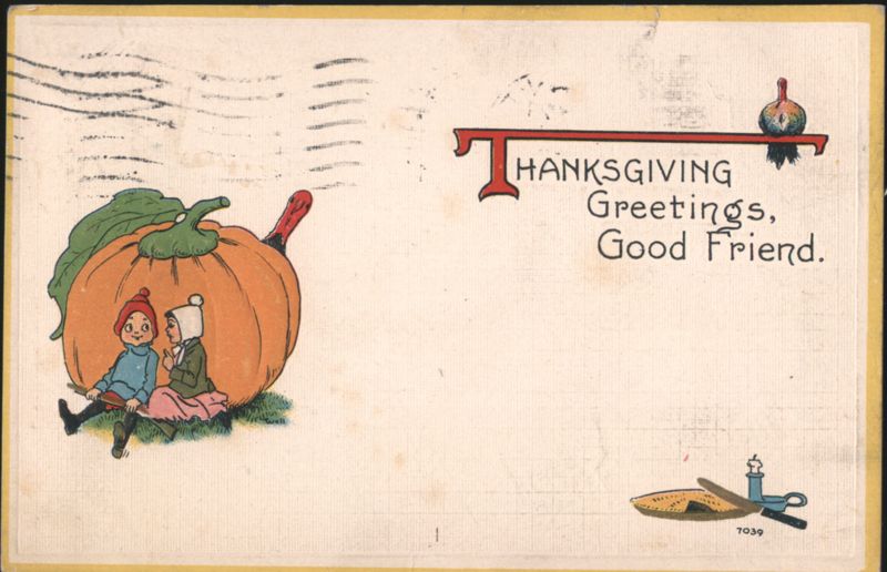 Thanksgiving Greetings, Children with Large Pumpkin & Turkey