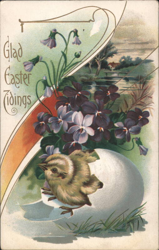 Glad Easter Tidings Chick Hatching from Egg with Violets