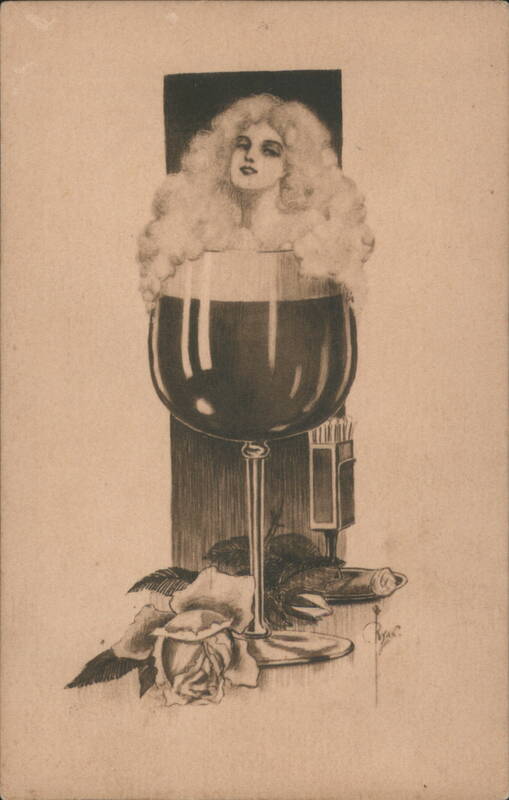 Woman Emerging from Beer Glass Foam with Roses Ryan