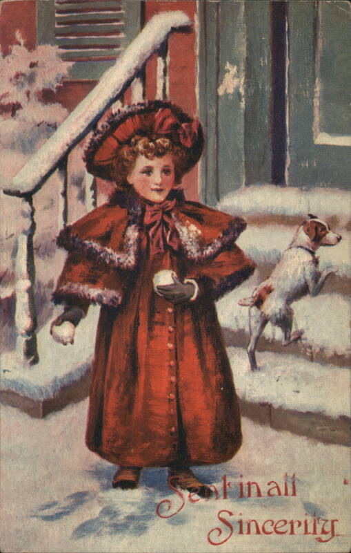 Girl in Red Winter Coat with Snowballs and Dog Children