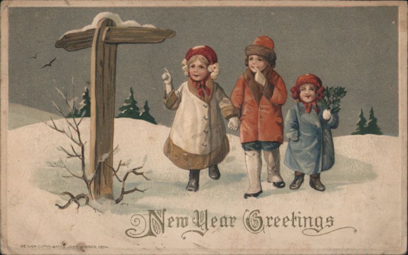 New Year Greetings, Children in Snow by Signpost