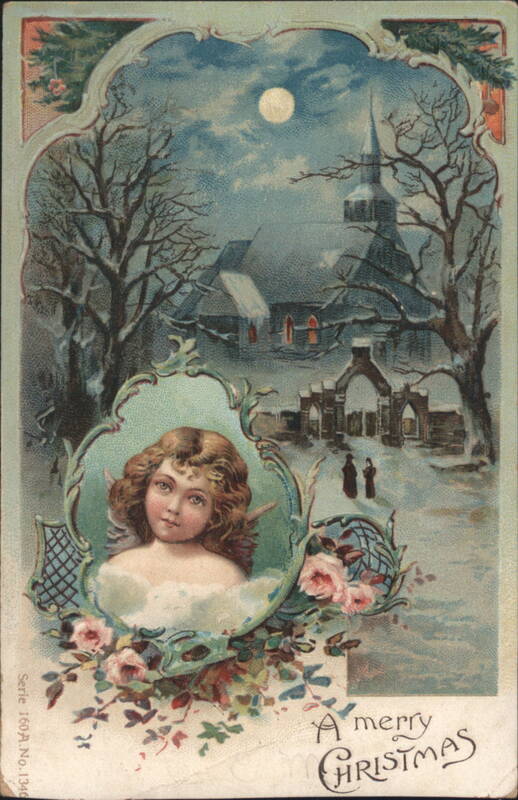 Christmas Angel and Moonlit Winter Church Scene with Roses