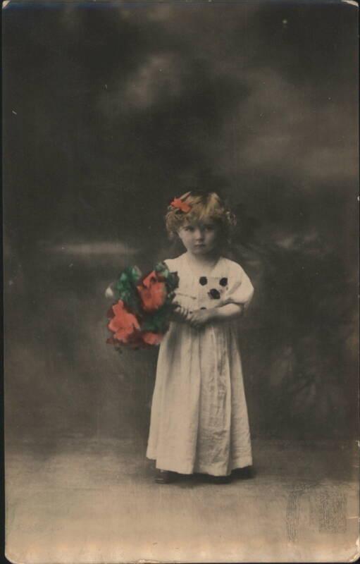 Young Girl with Hand-Colored Flowers and Red Hair Bow