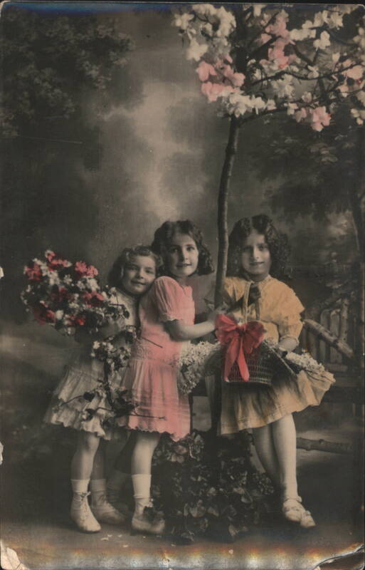 Three Young Girls with Flowers and Basket Studio Portrait