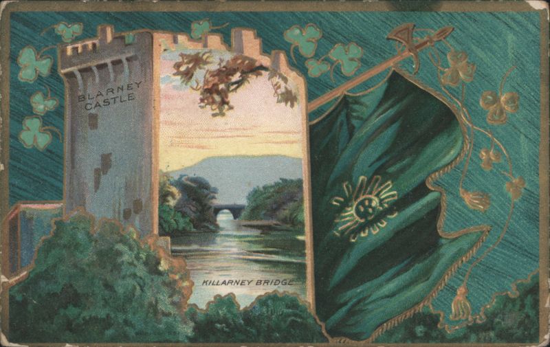 Blarney Castle and Killarney Bridge with Irish Flag Ireland