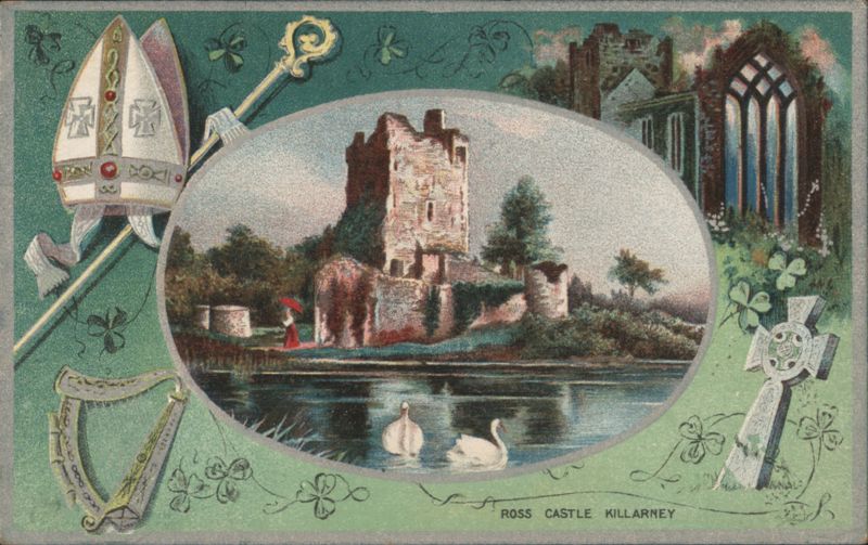 Ross Castle Killarney with Celtic Cross, Harp and Mitre Ireland