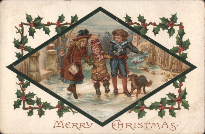 Children and Dog on Ice with Holly Border
