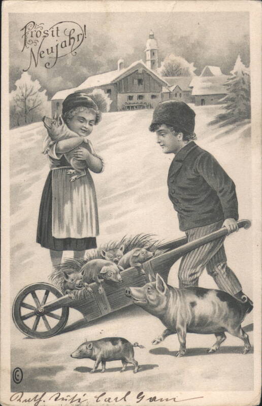 Prosit Neujahr! Children with Wheelbarrow of Piglets