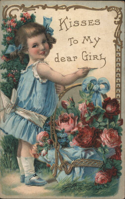 Kisses To My Dear Girl, Child with Basket of Roses