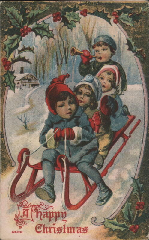 Children on Red Swan Sled - A Happy Christmas