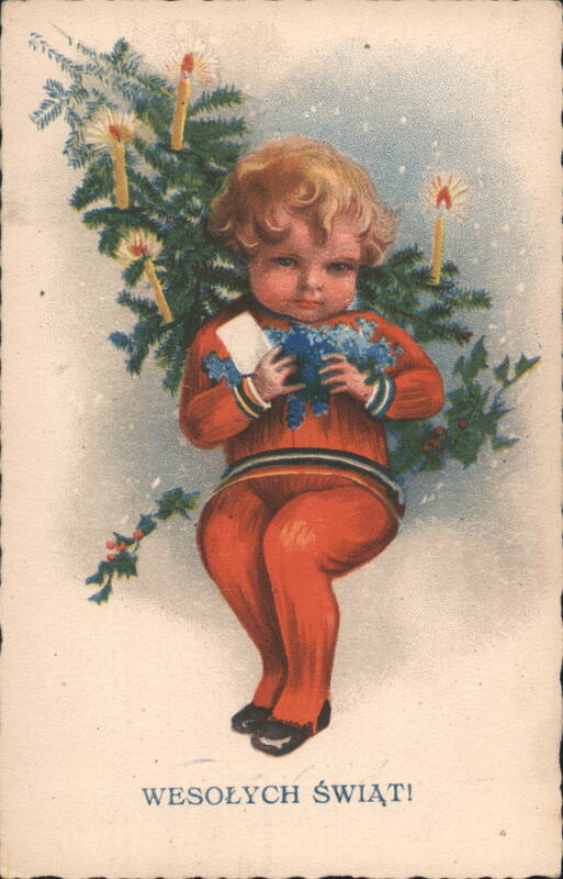 Child with Christmas Tree and Blue Flowers, Wesołych Świąt!