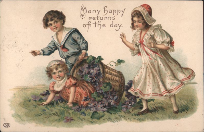 Many Happy Returns of the Day Children & Basket of Violets