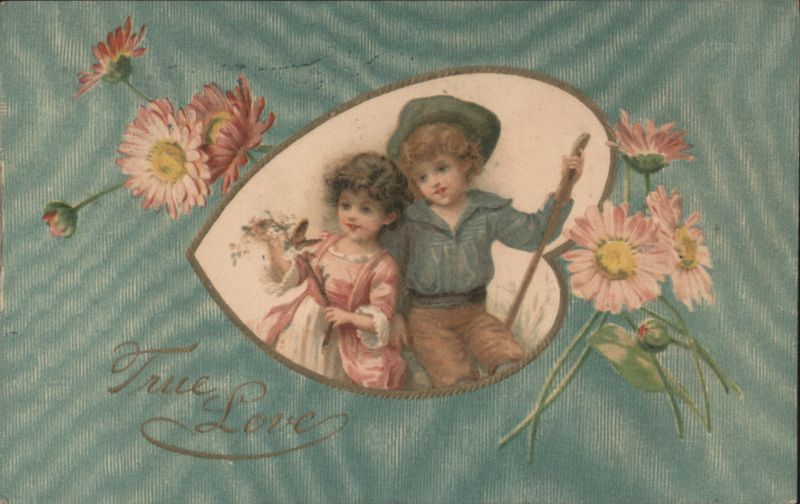True Love Children in Heart with Pink Daisies